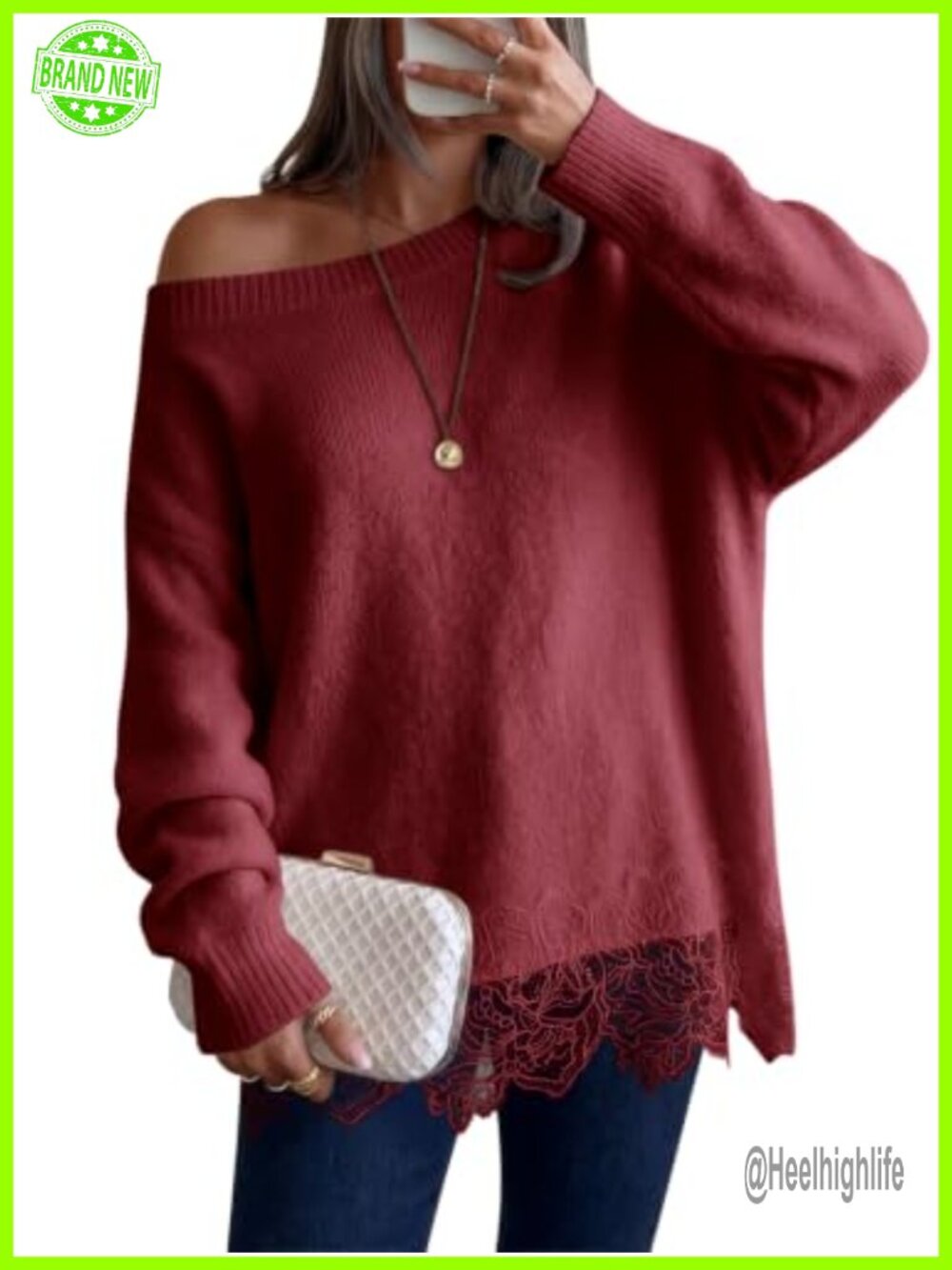 Lace Patchwork Sweater Long Sleeve Boat Neck Pullover